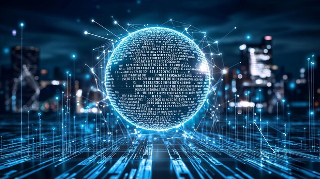 glowing digital ball surrounded by binary code particles, floating above a digital matrix, symbolizing the future of interconnected technology. glowing ball, binary code, floating, digital matrix, 