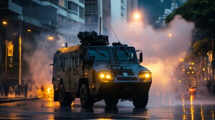 Military Vehicle in Urban Protest Scene at Night