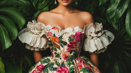 Elegant Woman in Floral Dress Surrounded by Lush Greenery