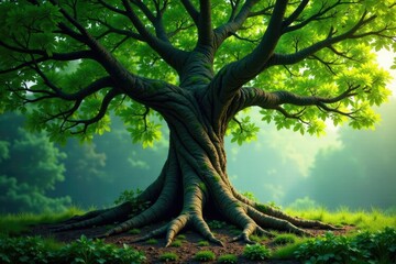 Fototapeta premium Tree with gnarled roots and branches stretching outwards, wood, green, tree trunks
