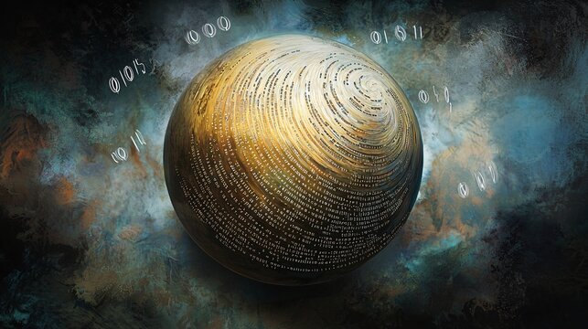 metallic ball with binary code etched into its surface, surrounded by hovering binary numbers, representing the fusion of physical and digital worlds. metallic ball, binary code, etched surface, 