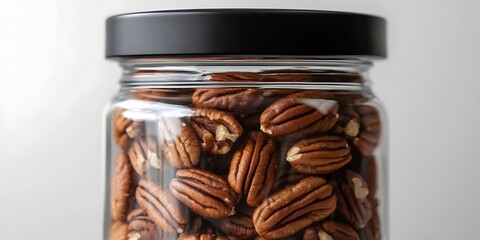 A glass jar with a black lid contains a large quantity of pecan nuts