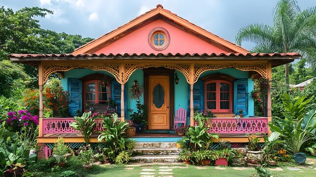 A Detailed View of a Traditional Chattel House Surrounded by Lush Greenery in Barbados, Caribbean