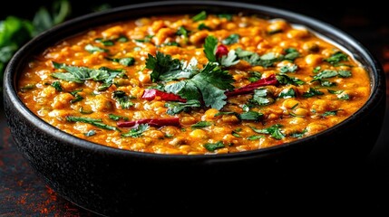 Indian food Dal Tadka Dish top view on a dark brown background