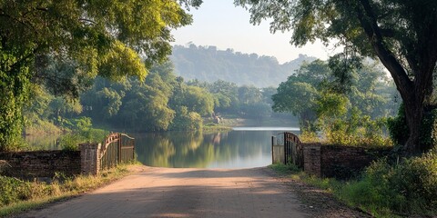 Serene lakeside path: An inviting path leads towards a tranquil lake surrounded by lush greenery, creating a peaceful scene reflecting nature's harmony. 