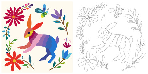 Coloring page, example for coloring, composition with flowers and animals in Mexican style