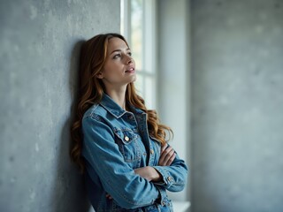 Fototapeta premium Woman in Denim Jacket Leaning Against Wall