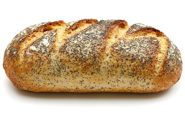 A loaf of bread topped with poppy seeds is displayed against a white background