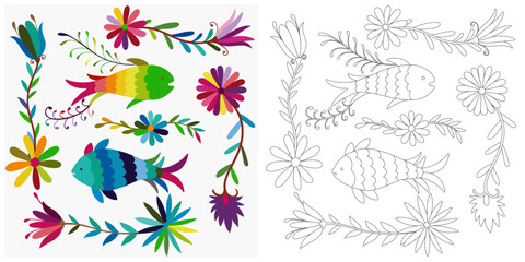 Obraz premium Coloring page, example for coloring, composition with flowers and animals in Mexican style