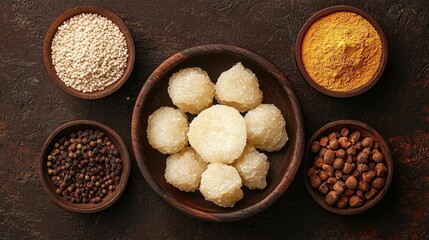 Indian food Asafoetida and others Spices top view on a dark brown background