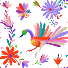 Seamless pattern with birds and flowers on white background. Folk Otomi style graphic, wallpaper.