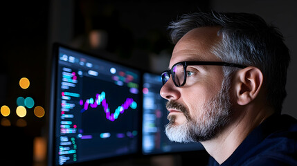 Focused Financial Analyst Working Late at Night with Multiple Computer Monitors Showing Stock Market Data