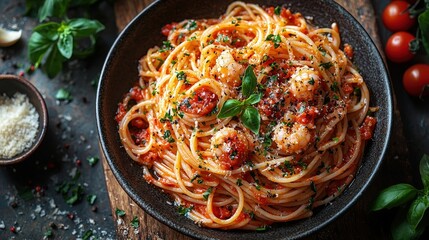 Italian food Sea Urchin Spaghetti Dish top view on a wood background