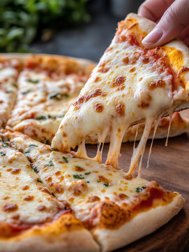Delicious cheesy pizza slice being pulled from freshly baked pie in a cozy kitchen setting