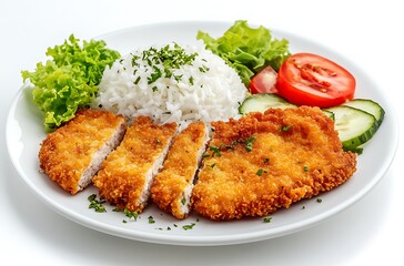 A plate containing breaded cutlets, white rice, and a fresh salad is presented on a white background