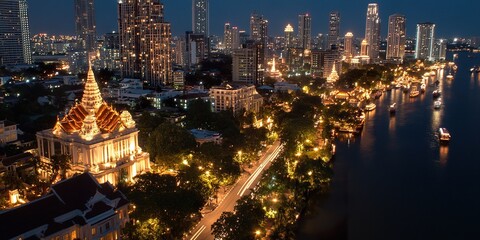 Fototapeta premium Bangkok Nightscape: Illuminated riverside cityscape at night, showcasing the vibrant Chao Phraya River and iconic architecture.