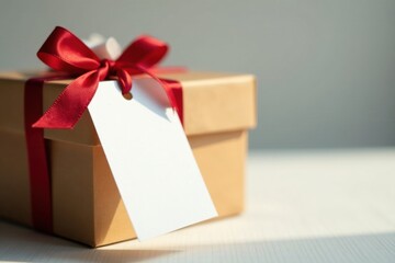 A golden gift box adorned with a vibrant red ribbon and a blank tag, ready for a personalized message of love and appreciation.