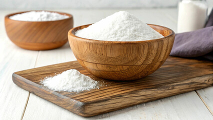 White Flour in Wooden Bowl and on Cutting Board