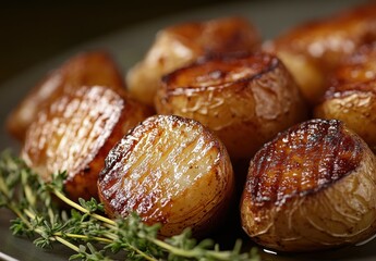 Deliciously Grilled Onions with Charred Edges and Fresh Aromatic Thyme on a Plate Ready for a Gourmet Meal Presentation at a Dinner Table