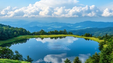 Obraz premium Serene mountain lake reflecting clouds and distant mountain ridges