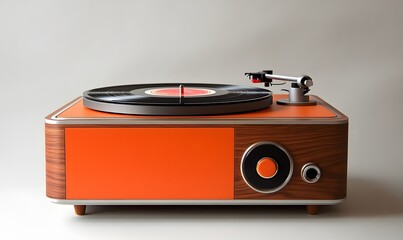 Vintage style record player with orange accents and wooden details on white background