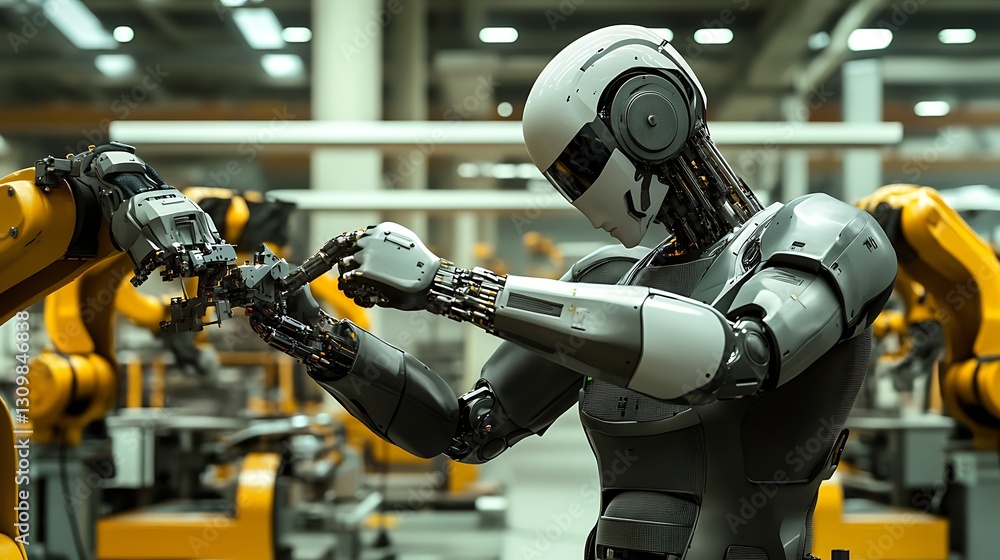 Aufkleber a humanoid robot in a suit guiding robotic arms in a factory assembling precision-engineered aircraf
