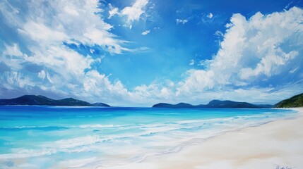 Stunning Azure Seascape of Whitehaven Beach in Whitsunday Islands, Showcasing Serene Coastal Landscape Under Sunlit Skies