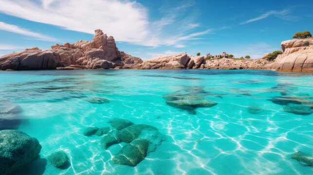 Serene bay views  tranquil waters and a gentle beach scene with few holidaymakers