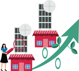 Businesswoman invest house with solar panels and growth Investment to alternative energy. Businessman invests in сlean and green city energy. Solar panel and windmills