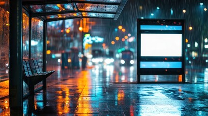 Rainy night bus stop, vibrant city lights reflected on wet pavement