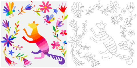 Coloring page, example for coloring, composition with flowers and animals in Mexican style