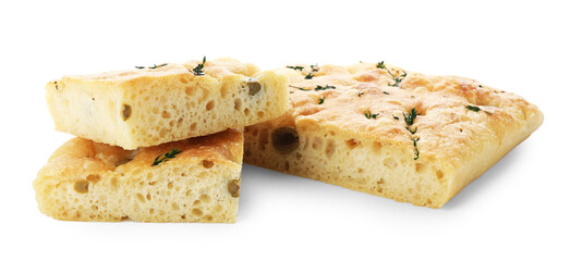 Pieces of delicious focaccia bread with olives and thyme isolated on white