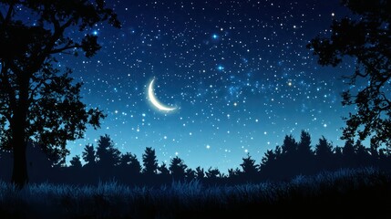 Naklejka premium A moonlit sky illuminates the trees and the fields at night