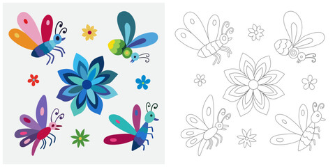 Coloring page, example for coloring, composition with flowers and animals in Mexican style