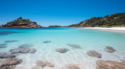 Fototapeta premium Tranquil views of a serene cove with crystal clear waters and few holidaymakers at the beach