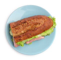 Baguette sandwich with ham isolated on white, top view