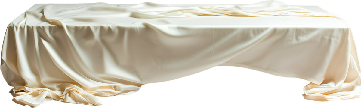 Mesa con mantel de color blanco sobre fondo transparente