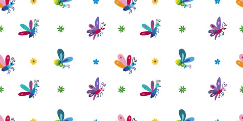 Seamless pattern with butterflies and insects in Mexican Otomi style