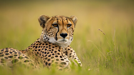 Fototapeta premium A calm cheetah lounges in tall grass, showcasing its distinctive spotted coat and piercing eyes against a soft, blurred background.