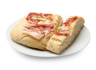 Pieces of delicious focaccia bread with bacon and rosemary isolated on white