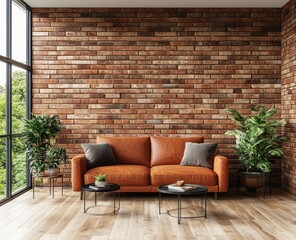 Modern loft living room with a brick wall, comfortable couch, and plants.