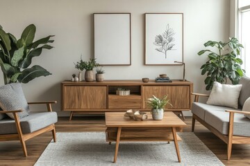 Modern, minimalist, living room with wooden furniture and potted plants, neutral color palette, and framed artwork.