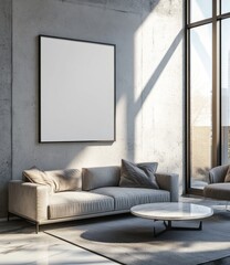Modern loft living room with blank canvas, sunlight streams through large windows.