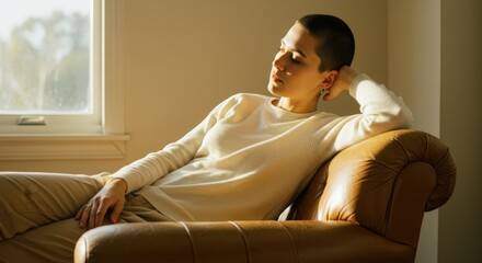 Obraz premium Relaxed caucasian woman sitting on couch in sunlit room. Mental Health Awareness Month concept. Finding peace, stress relief at home