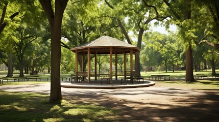 Minimalist pavilion  a tranquil gazebo in a park featuring simple lines and natural materials