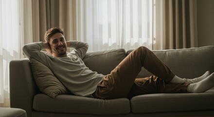 Man resting on sofa. Smiling guy relaxing at home. National Relaxation Day. Casual style and comfort. Lazy time. Wellbeing, leisure, recreation concept.