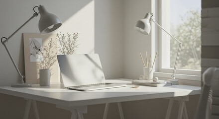  Clean modern home office desk with laptop, lamps and window with plants. Spring Cleaning, Organize Your Home Day, Work from Home concept.