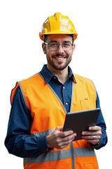 Smiling construction worker in safety gear holding a tablet outdoors at a construction site