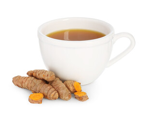 Aromatic turmeric tea in cup and roots isolated on white