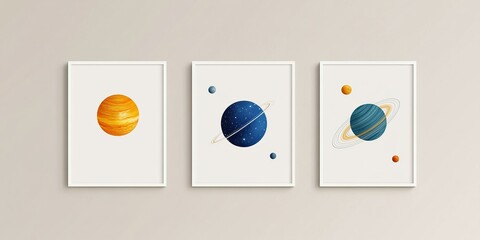 Celestial Trio: Minimalist art pieces featuring vibrant planets, capturing the essence of the cosmos with a modern aesthetic.